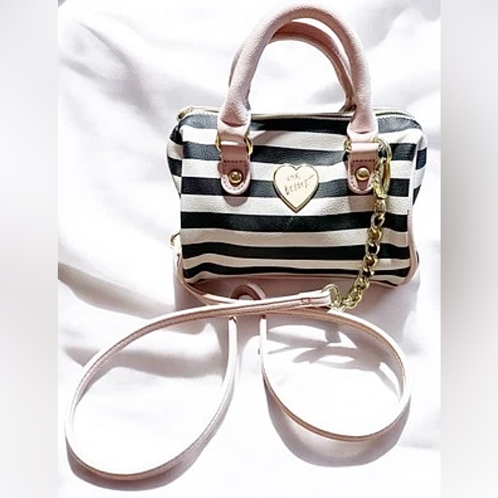 BETSEY JOHNSON……..…Black & White Striped Floral Lined Small Bag.  Pre Loved
